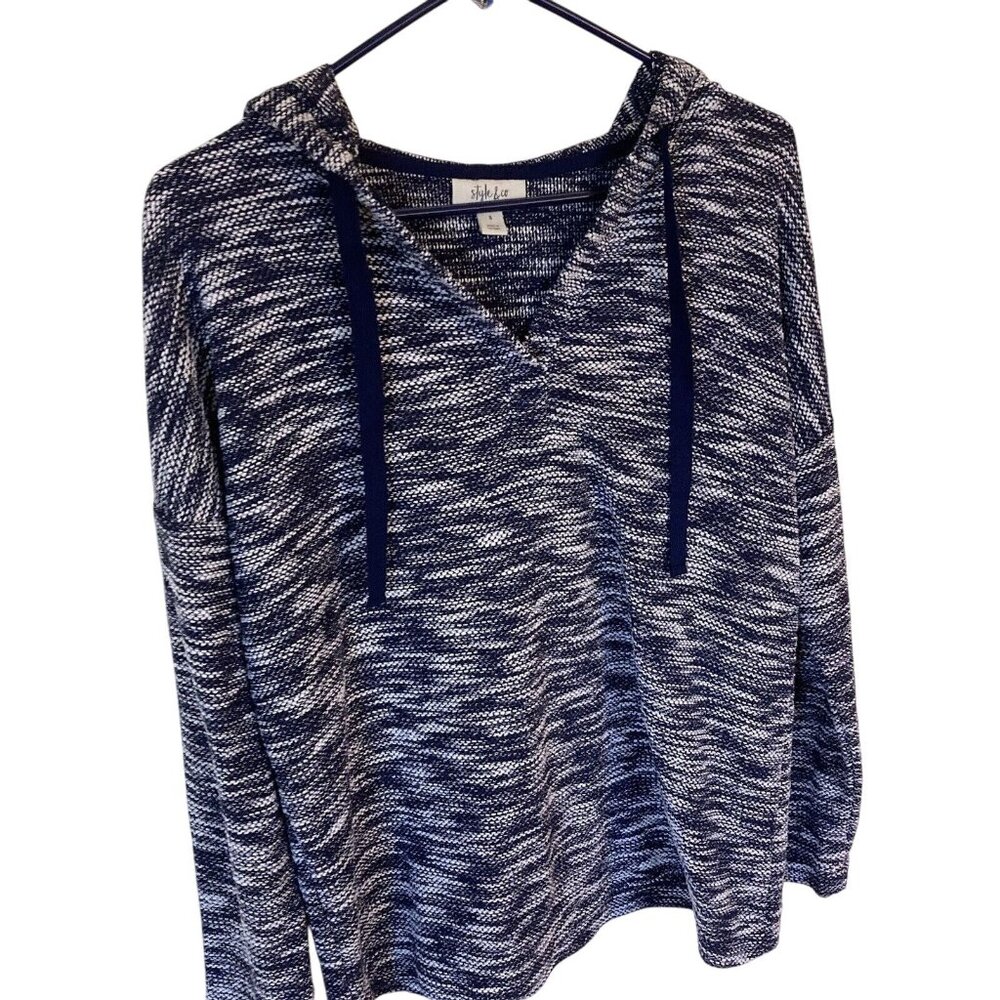 Style & Co Blue and White Hooded Womens Long Sleeve Jersey Top Size Small